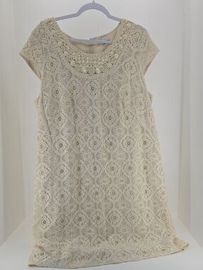 Sandra Darren Cream Lace Dress with Pearl-Trimmed Neckline